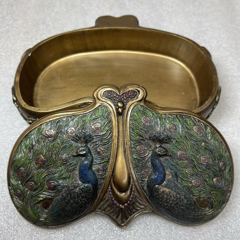 Vtg 2006 VERONESE Design Beautiful Peacocks Floral Trinket Box